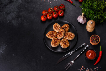 Delicious fresh fried minced meat patties on a dark concrete background