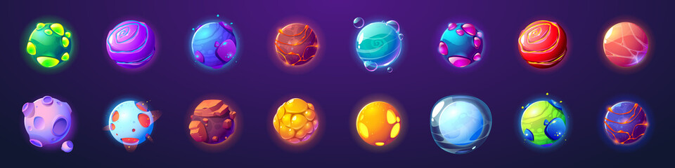 Alien planets, cartoon fantastic asteroids, galaxy ui game cosmic world objects, space design elements. Pimpled spheres, comets, moon with craters, glow plasma and lava, Vector illustration, icons set