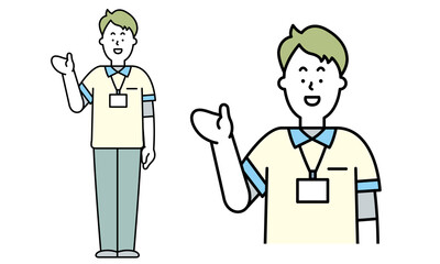 手をかざしているユニフォームを着た男性の介護士の全身イラスト素材。