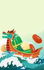 Dragon boat race in the river on the Dragon Boat Festival with lotus flowers and zongzi in the background, vector illustration