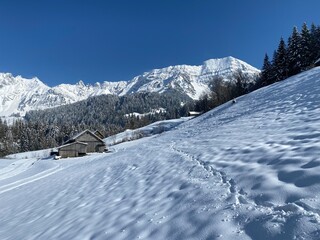 Wonderful winter hiking trails and traces on the slopes of the Alpstein mountain range and in the fresh alpine snow cover of the Swiss Alps, Nesslau - Obertoggenburg, Switzerland (Schweiz)