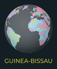 World map centered to Guinea-Bissau. Red country highlighted. Satellite world view centered to country with name. Vector Illustration.