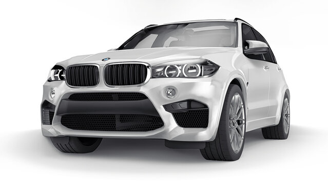 Paris, France. June 25, 2021: BMW X5M F85 white luxury sport suv car isolated on white background. 3d illustration.