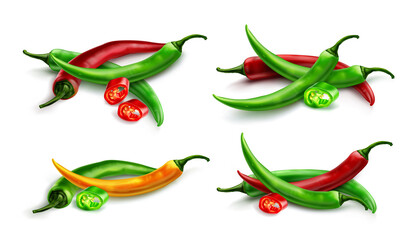 Red chili pepper, hot spicy plant pod, paprika cayenne with green stem vector realistic illustration isolated on white background. Chopped ripe vegetable with shadow - obrazy, fototapety, plakaty