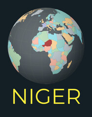 World map centered to Niger. Red country highlighted. Satellite world view centered to country with name. Vector Illustration.
