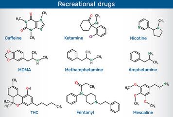 Psychoactive drugs: caffeine, nicotine, amphetamine, methamphetamine (crystal meth), MDMA (ecstasy), fentanyl (fentanil), ketamine, tetrahydrocannabinol (THC), mescaline. Recreational drugs molecule. - obrazy, fototapety, plakaty