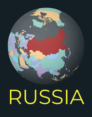 World map centered to Russia. Red country highlighted. Satellite world view centered to country with name. Vector Illustration.