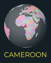 World map centered to Cameroon. Red country highlighted. Satellite world view centered to country with name. Vector Illustration.