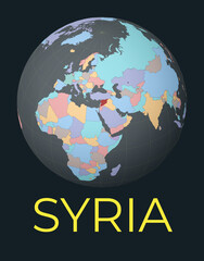 World map centered to Syria. Red country highlighted. Satellite world view centered to country with name. Vector Illustration.