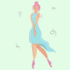 Cute pensive girl with pink hair. Beautiful modest woman ballerina or fairy on a gentle green background. Vector illustration. Modern fashion character in flat style.