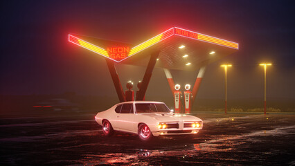 Neon gas station and retro car. Vintage cyberpunk auto. Fog rain and night. Color vibrant reflections on asphalt. Pontiac GTO. 3D illustration.