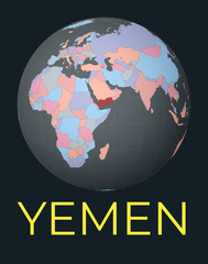 World map centered to Yemen. Red country highlighted. Satellite world view centered to country with name. Vector Illustration.