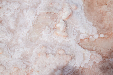 Pink salt pan up close with salt crystals out of focus with grain