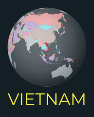 World map centered to Vietnam. Red country highlighted. Satellite world view centered to country with name. Vector Illustration.