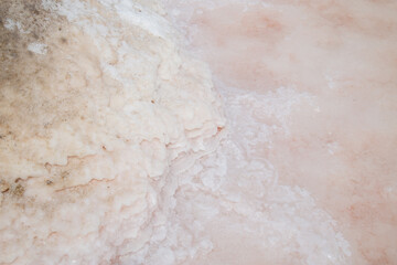 Obraz na płótnie Canvas Pink salt pan up close with salt crystals out of focus with grain