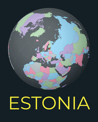 World map centered to Estonia. Red country highlighted. Satellite world view centered to country with name. Vector Illustration.