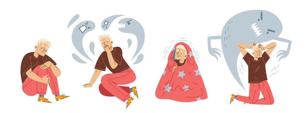 Frightened man have panic attack disorder. Vector flat illustration of person in stress, afraid, scared of monster shadows or ghosts. Terrified character cry, hide under blanket