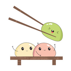 Cute characters dessert mochi. Design for your business, logo, mascot. Cartoon clipart. Traditional Japanese cuisine.  Vector flat illustration on an isolated background.