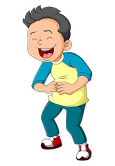The boy is laughing out loud and holding his stomach