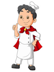 The superhero chef is giving thumbs up and wearing a robe