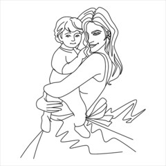 Young woman with a baby in her arms in simple line
