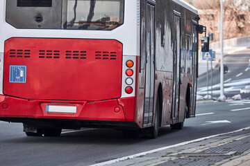 Public transportation bus in urban surroundings.