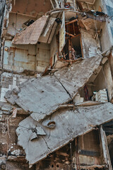 damaged building from Russian troops in Ukraine, city of Borodianka 2022, 30 april, Russian...