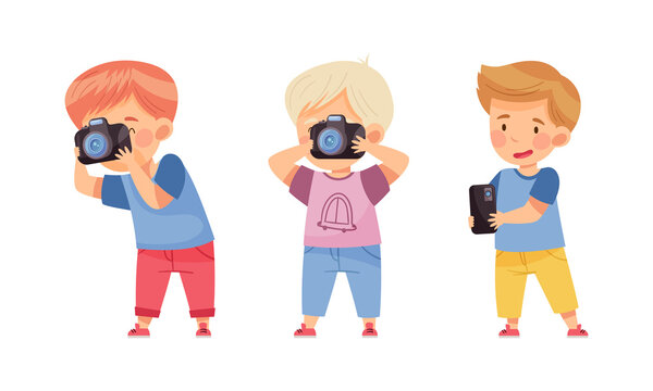 Cute boys taking photo using smartphone and camera cartoon vector illustration