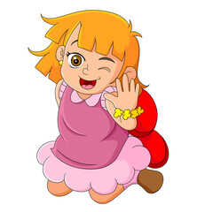 The pretty girl is sitting and blinking the eyes