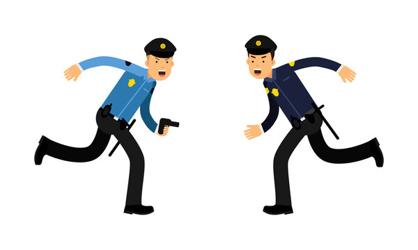 Police officers running with gun. Policeman trying to catch criminal cartoon vector illustration i