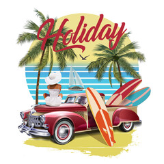 Vintage poster with retro car,surfboard and girl on beach.
