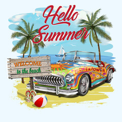 Hippie retro car on beach.Hello summer vintage poster. 