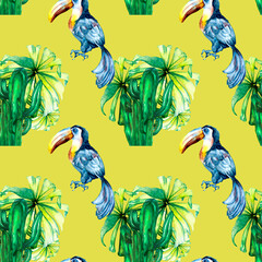 Seamless pattern of exotic leaves and toucan watercolor illustration. © Ekaterina Lanbina