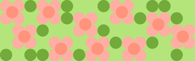 Summer geometric background in the trendy style of the 60s, a mosaic with an ornament of flowers. Texture for textiles or wallpapers seamless from circles and squares in multicolored colors.