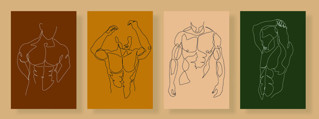 Continuous line male figure naked strong muscular healthy vector illustration hand drawn design print graphics style