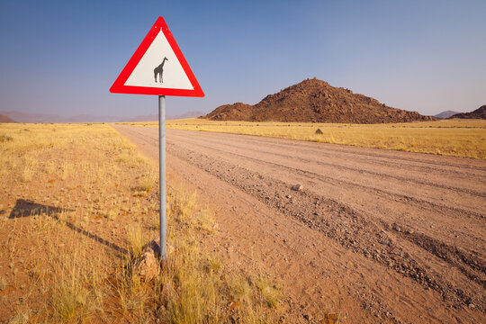 Road sign to warn for Giraffes on the road along a dirt road in the Namib desert, Namibia