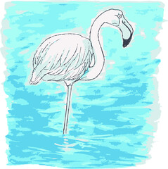 flamingo watercolor painting by the sea