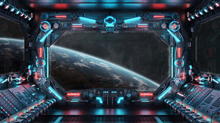 Dark spaceship interior with glowing blue and red lights. Futuristic spacecraft with large window view on planet Earth. 3D rendering