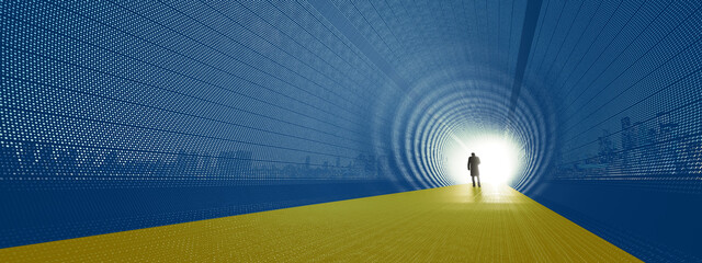 Fototapeta premium Concept or conceptual blue and yellow tunnel, the Ukrainian flag colors, with a bright light at the end as metaphor to hope and faith. A 3d illustration of a black silhouette of walking man to freedom
