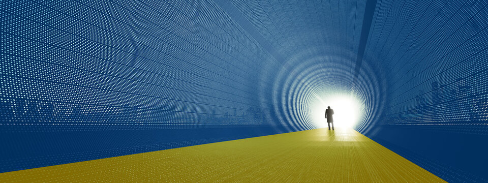 Concept or conceptual blue and yellow tunnel, the Ukrainian flag colors, with a bright light at the end as metaphor to hope and faith. A 3d illustration of a black silhouette of walking man to freedom