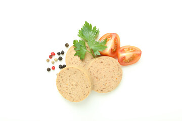 Concept of tasty food, liverwurst on white background