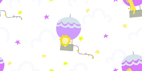 vector childish seamless pattern with hot air balloon transport and cute animals with stars and clouds