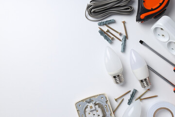 Concept of electrician tools, space for text