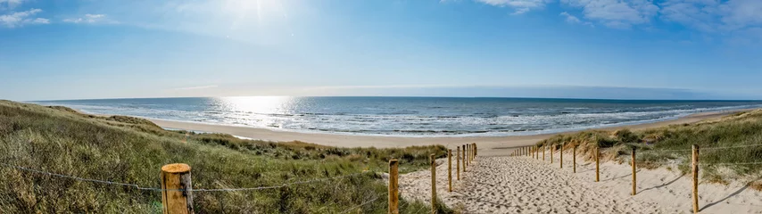 Crédence de cuisine en verre imprimé Mer du Nord, Pays-Bas Un chemin avec de nombreuses pistes, délimité par des poteaux en bois sur la dune de sable avec de l& 39 herbe sauvage et de la plage à Noordwijk sur la mer du Nord en Hollande Pays-Bas - Paysage marin panoramique avec ciel bleu et nuages