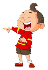 The boy is pointing and laughing out loud at someone
