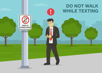 Pedestrian safety rules and tips. Young male character is about to hit to a pole while uses mobile phone on pedestrian road. Heads up, do not walk while texting. Flat vector illustration template.