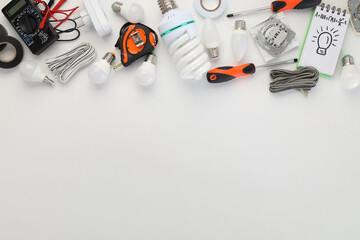 Concept of electrician tools, space for text