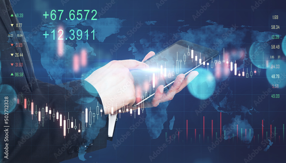 Poster Global investing trading concept with businessman hand using digital tablet and virtual interface screen with forex chart indicators, candlesticks, and world map.