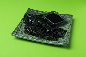 Concept of Japanese food, seaweed nori, close up