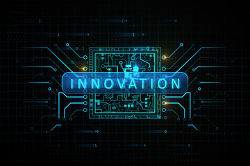 Virtual idea concept with bright glowing innovation sign over digital microchip symbol on abstract dark background. 3D rendering